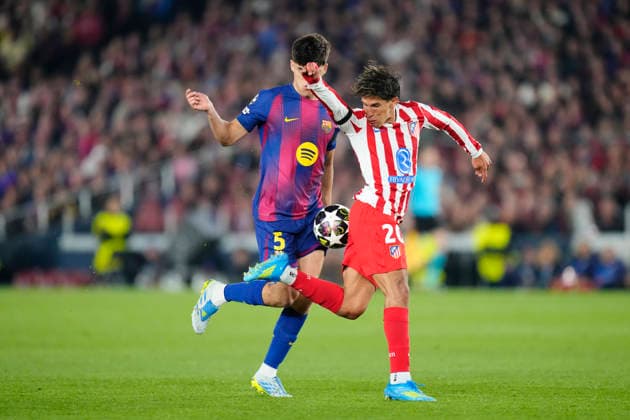 FC Barcelona, Barca v Atletico de Madrid - UEFA Champions League 2025 26 Quarter-Final First Leg Giuliano Simeone centre-forward of Atletico de Madrid and Argentina and Pau Cubarsi centre-back of Barcelona and Spain compete for the ball during the UEFA Champions League 2025 26 Quarter-Final First Leg match between FC Barcelona and Club AtlÃ tico de Madrid at Estadio Spotify Camp Nou on April 8, 2026 in Barcelona, Spain. Barcelona Spain  Copyright: xJosexBretonx originalFilename:bretonhernandez-fcbarcel260408_npuRv.jpg