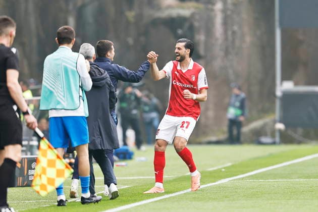 Florian Grillitsch (Braga), APRIL 8, 2026 - Football Soccer : Grillitsch celebrate after his goal during UEFA Europa League Quarter-finals 1st leg match between SC Braga - Real Betis Balompie at the Estadio Municipal de Braga in Braga, Portugal. Noxthirdxpartyxsales  aflo_326317143