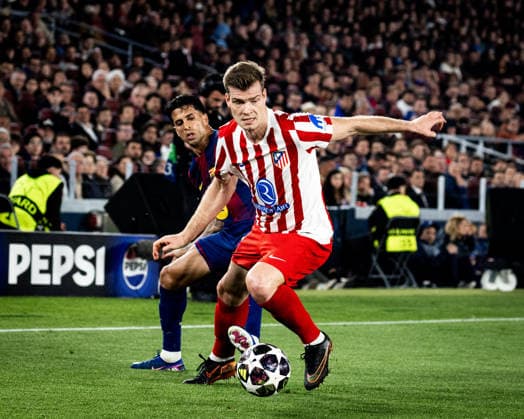April 8, 2026, Barcelona, Barcelona, Spain: Joao Cancelo (L) of FC Barcelona, Barca challenges for the ball with Alexander Sorloth (R) of Atletico de Madrid during the UEFA Champions League Quarter Final match between FC Barcelona and Atletico de Madrid at Spotify Camp Nou on APRIL 8, 2026 in Barcelona, Spain. Barcelona Spain - ZUMAs316 20260408_znp_s316_057 Copyright: xMartixSeguraxRamonedax