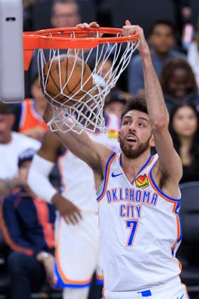 April 8, 2026, Inglewood, California, USA: Chet Holmgren 7 of the Oklahoma City Thunder dunks the ball during their regular season NBA, Basketball Herren, USA game against the Los Angeles Clippers on Wednesday April 8, 2026 at Intuit Dome in Inglewood, California. ARIANA RUIZ PI Inglewood USA - ZUMAp124 20260408_zaa_p124_040 Copyright: xArianaxRuizx