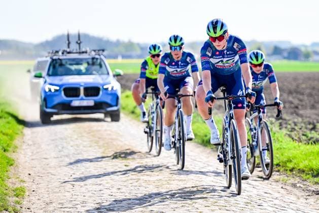 AG Insurance-Soudal Team riders pictured in action during the reconnaissance of the track ahead of this year s Paris-Roubaix cycling race, Thursday 09 April 2026, around Roubaix, France. The 123rd edition of Paris-Roubaix cycling races will take on Sunday, with the women riding 143,1 km the men riding 258,3 km on Sunday. DIRKxWAEM  x170263828x