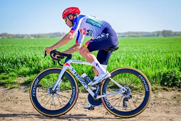 Belgian Gianni Vermeersch of Red Bull-BORA-hansgrohe pictured in action during the reconnaissance of the track ahead of this year s Paris-Roubaix cycling race, Thursday 09 April 2026, around Roubaix, France. The 123rd edition of Paris-Roubaix cycling races will take on Sunday, with the women riding 143,1 km the men riding 258,3 km on Sunday. DIRKxWAEM  x170263858x
