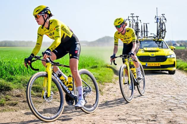 Dutch Marianne Vos of Team Visma-Lease a Bike pictured in action during the reconnaissance of the track ahead of this year s Paris-Roubaix cycling race, Thursday 09 April 2026, around Roubaix, France. The 123rd edition of Paris-Roubaix cycling races will take on Sunday, with the women riding 143,1 km the men riding 258,3 km on Sunday. DIRKxWAEM  x170264487x