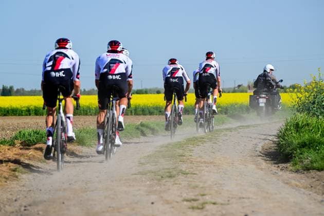 UAE Team Emirates-XRG riders pictured in action during the reconnaissance of the track ahead of this year s Paris-Roubaix cycling race, Thursday 09 April 2026, around Roubaix, France. The 123rd edition of Paris-Roubaix cycling races will take on Sunday, with the women riding 143,1 km the men riding 258,3 km on Sunday. DIRKxWAEM  x170265101x