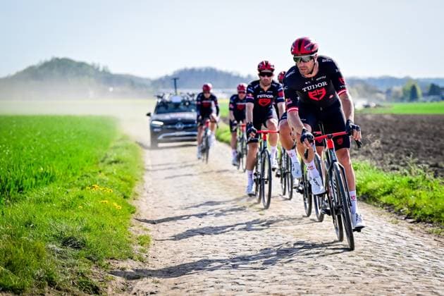 Austrian Marco Haller of Tudor Pro Cycling Team pictured in action during the reconnaissance of the track ahead of this year s Paris-Roubaix cycling race, Thursday 09 April 2026, around Roubaix, France. The 123rd edition of Paris-Roubaix cycling races will take on Sunday, with the women riding 143,1 km the men riding 258,3 km on Sunday. DIRKxWAEM  x170265294x