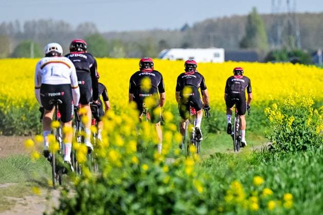 Tudor Pro Cycling Team riders pictured in action during the reconnaissance of the track ahead of this year s Paris-Roubaix cycling race, Thursday 09 April 2026, around Roubaix, France. The 123rd edition of Paris-Roubaix cycling races will take on Sunday, with the women riding 143,1 km the men riding 258,3 km on Sunday. DIRKxWAEM  x170265447x
