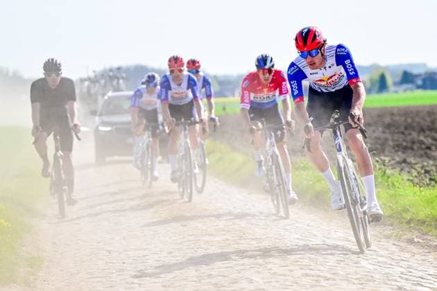 Red Bull-BORA-hansgrohe rider pictured in action during the reconnaissance of the track ahead of this year s Paris-Roubaix cycling race, Thursday 09 April 2026, around Roubaix, France. The 123rd edition of Paris-Roubaix cycling races will take on Sunday, with the women riding 143,1 km the men riding 258,3 km on Sunday. DIRKxWAEM  x170266590x