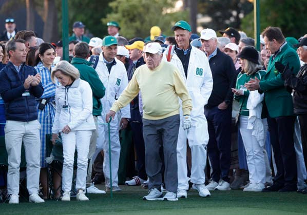 Golfing legend Jack Nicklaus arrives for the ceremonial opening ceremony before the start of the first day of the Masters Tournament at Augusta National Golf Club on Thursday, Aprill 9, 2026, in Augusta, Georgia.  AUG20260409804 JOHNxANGELILLO
