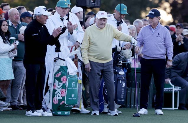 Golf 2026 Masters Tournament - Round 1 Golf legends (from L) Gary Player, Jack Nicklaus and Tom Watson take part in the ceremonial first tee as Honorary Starters before Round 1 of the 2026 Masters tournament in August, Georgia, USA, 09 April 2026. Augusta United States  Copyright: xERIKxS.xLESSERx