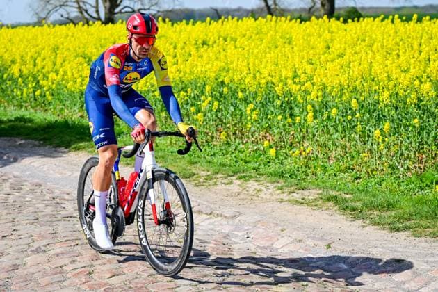Belgian Edward Theuns of Lidl-Trek pictured in action during the reconnaissance of the track ahead of this year s Paris-Roubaix cycling race, Thursday 09 April 2026, around Roubaix, France. The 123rd edition of Paris-Roubaix cycling races will take on Sunday, with the women riding 143,1 km the men riding 258,3 km on Sunday. DIRKxWAEM  x170275481x