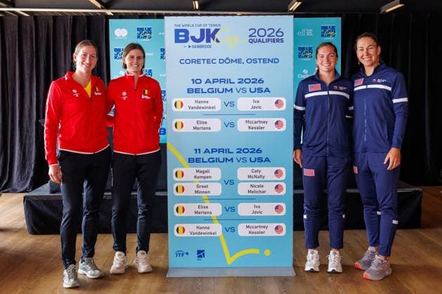 Belgian Magali Kempen, Belgian Greet Minnen, American Caty McNally and American Nicole Melichar pictured during the draw for this weekend s tennis matches between Belgium and USA, in the qualifiers of the Billie Jean King Cup tennis, in Oostende, Belgium, on Thursday 09 April 2026. The meeting will take place on 10 and 11th April. PHOTO KURTxDESPLENTER  x170279443x
