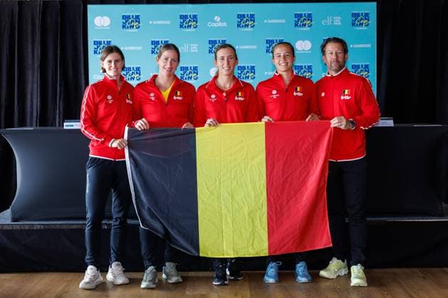 Belgian Greet Minnen, Belgian Magali Kempen, Belgian Elise Mertens, Belgian Hanne Vandewinkel and Belgian team captain Wim Fissette pictured during the draw for this weekend s tennis matches between Belgium and USA, in the qualifiers of the Billie Jean King Cup tennis, in Oostende, Belgium, on Thursday 09 April 2026. The meeting will take place on 10 and 11th April. PHOTO KURTxDESPLENTER  x170279476x