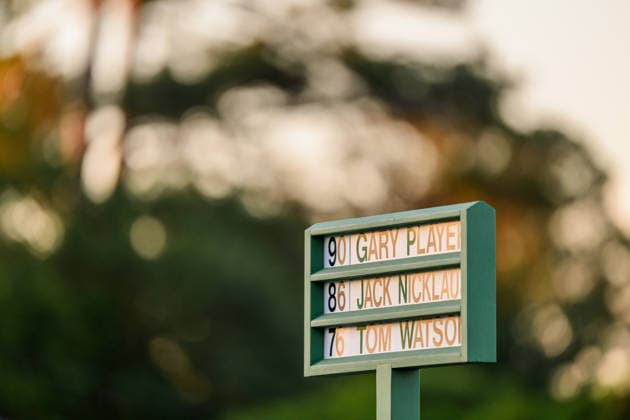 260409 The names of Gary Player of South Africa, Jack Nicklaus of The United States and Tom Watson of The United States ahead of the Honorary Starters ceremony during the first round of the 2026 Masters Golf Tournament on April 9, 2026 in Augusta Photo Petter Arvidson BILDBYRAN kod PA PA1193 golf masters bbeng the masters augusta genre  Copyright: PETTERxARVIDSON BB260409PA017