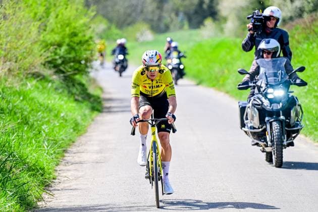Belgian Wout van Aert of Team Visma-Lease a Bike pictured in action during the reconnaissance of the track ahead of this year s Paris-Roubaix cycling race, Thursday 09 April 2026, around Roubaix, France. The 123rd edition of Paris-Roubaix cycling races will take on Sunday, with the women riding 143,1 km the men riding 258,3 km on Sunday. DIRKxWAEM  x170283373x