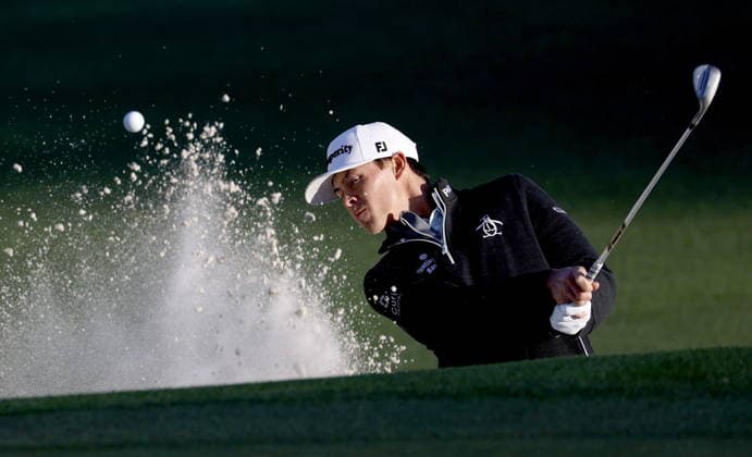 Golf 2026 Masters Tournament - Round 1 John Keefer of the USA plays a bunker shot on hole 2 in Round 1 of the 2026 Masters tournament in August, Georgia, USA, 09 April 2026. Augusta United States  Copyright: xERIKxS.xLESSERx