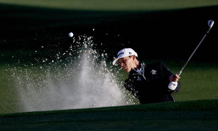 Golf 2026 Masters Tournament - Round 1 John Keefer of the USA plays a bunker shot on hole 2 in Round 1 of the 2026 Masters tournament in August, Georgia, USA, 09 April 2026. Augusta United States  Copyright: xERIKxS.xLESSERx