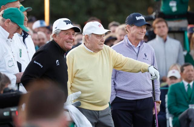 Honorary starters Gary Player, Jack Nicklaus and Tom Watson (L to R) wait to tee off on the first hole during the opening ceremony to start the first day of the 2026 Masters golf tournament at Augusta National Golf Club in Augusta, Georgia on Thursday, April 9, 2026.  AUG20260409808 JOHNxANGELILLO