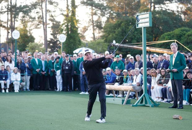 Golfing legend Gary Player tees off during the ceremonial opening ceremony before the start of the first day of the Masters Tournament at Augusta National Golf Club on Thursday, April 9, 2026, in Augusta, Georgia.  AUG20260409811 JOHNxANGELILLO