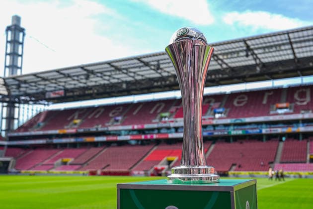09 04 2026, xydrx, Football, DFB Cup, Women, Finalists Talk and Cup Handover, Season 2025 2026, Rhein Energie Stadium The trophy of the Womens DFB Cup in the stadium DFB regulations prohibit any use of photographs as image sequences and or quasi video Copyright: HMBxMedia YannisxDreimann