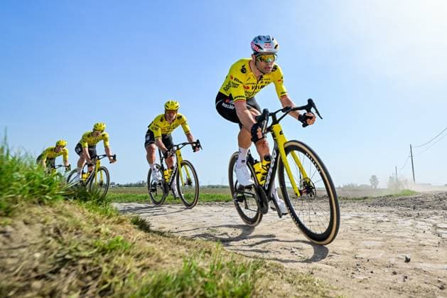 Belgian Wout van Aert of Team Visma-Lease a Bike pictured in action during the reconnaissance of the track ahead of this year s Paris-Roubaix cycling race, Thursday 09 April 2026, around Roubaix, France. The 123rd edition of Paris-Roubaix cycling races will take on Sunday, with the women riding 143,1 km the men riding 258,3 km on Sunday. DIRKxWAEM  x170289599x