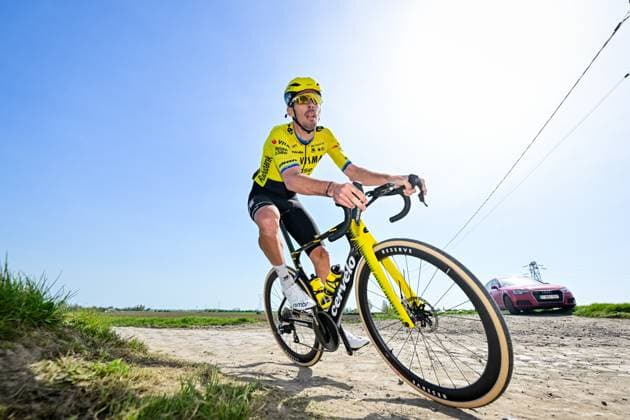 French Christophe Laporte of Team Visma-Lease a Bike pictured in action during the reconnaissance of the track ahead of this year s Paris-Roubaix cycling race, Thursday 09 April 2026, around Roubaix, France. The 123rd edition of Paris-Roubaix cycling races will take on Sunday, with the women riding 143,1 km the men riding 258,3 km on Sunday. DIRKxWAEM  x170289650x