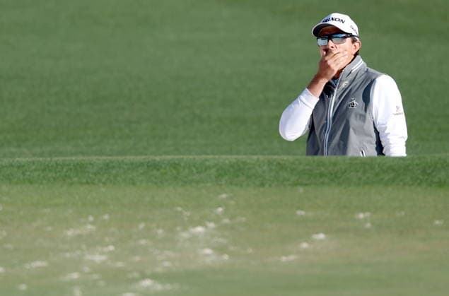 Golf 2026 Masters Tournament - Round 1 Nicolas Echavarria of Colombia reacts to his shot from the bunker on hole 2 in Round 1 of the 2026 Masters tournament in August, Georgia, USA, 09 April 2026. Augusta United States  Copyright: xCHRISxTORRESx