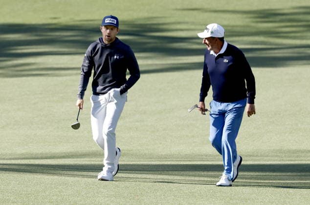 Golf 2026 Masters Tournament - Round 1 Jose Maria Olazabal (R) of Spain and Rasmus Neergaard-Petersen of Denmark walk up the 6th green in Round 1 of the 2026 Masters tournament in August, Georgia, USA, 09 April 2026. Augusta United States  Copyright: xERIKxS.xLESSERx