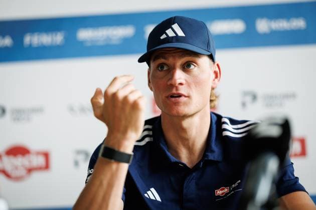 Dutch Mathieu van der Poel pictured during press conference, PK, Pressekonferenz of Alpecin-Premier Tech cycling team ahead of this year s Paris-Roubaix cycling race, Thursday 09 April 2026, in Gullegem, Belgium. The 123rd edition of Paris-Roubaix cycling races will take on Sunday, with the women riding 143,1 km the men riding 258,3 km on Sunday. KURTxDESPLENTER  x170298092x