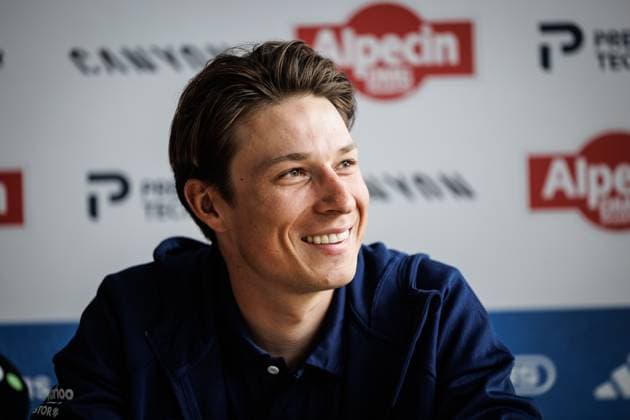 Belgian Jasper Philipsen pictured during press conference, PK, Pressekonferenz of Alpecin-Premier Tech cycling team ahead of this year s Paris-Roubaix cycling race, Thursday 09 April 2026, in Gullegem, Belgium. The 123rd edition of Paris-Roubaix cycling races will take on Sunday, with the women riding 143,1 km the men riding 258,3 km on Sunday. KURTxDESPLENTER  x170300485x