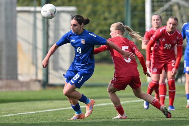 SERBIA WU19 vs DENMARK WU19 Hana Sinanovic vs Andrea Termansen football WU19 Serbia vs Denmark WU19 European qualification match sports center FSS, Stara Pazova 09.04.2026 Foto: FOOTBALL, SERBIA WU19, DENMARK U19, WOMEN, EUROPEAN QUALIFIERS Stara Pazova Sports center Stara Pazova Serbia Copyright: xMarkoxMetlas xMNxPressx