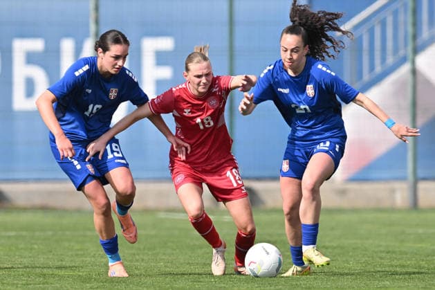 SERBIA WU19 vs DENMARK WU19 Josefine Hansen Uhd vs Hana Sinanovic and Lana Todorovic football WU19 Serbia vs Denmark WU19 European qualification match sports center FSS, Stara Pazova 09.04.2026 Foto: FOOTBALL, SERBIA WU19, DENMARK U19, WOMEN, EUROPEAN QUALIFIERS Stara Pazova Sports center Stara Pazova Serbia Copyright: xMarkoxMetlas xMNxPressx