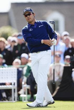 Golf: Masters Tournament Hideki Matsuyama of Japan is pictured after hitting off the first tee during the first round of the Masters Tournament at Augusta National Golf Club in Augusta, Georgia, on April 9, 2026.  A14AA0005446872P