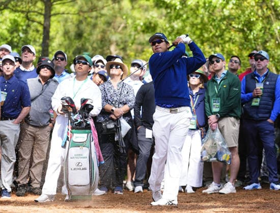 Golf: Masters Tournament Hideki Matsuyama of Japan plays a shot on the second hole during the first round of the Masters Tournament at Augusta National Golf Club in Augusta, Georgia, on April 9, 2026.  A14AA0005446874P