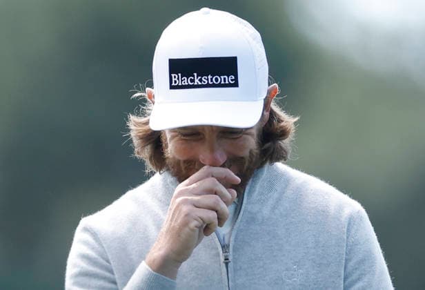 Tommy Fleetwood of England reacts after sinking a long putt on the 3rd hole during the first day of the Masters Tournament at Augusta National Golf Club on Thursday, April 9, 2026, in Augusta, Georgia.  AUG20260409714 JOHNxANGELILLO