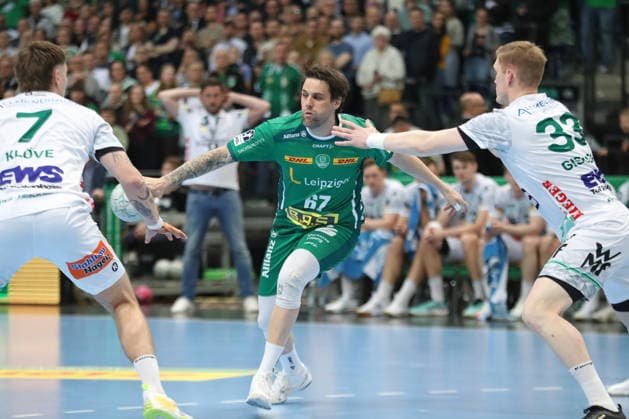 Handball DAIKIN HBL, SC DHfK Leipzig FRISCH AUF Göppingen 09 04 2026 Dean Bombac 67, SC DHfK Leipzig Handball, DAIKIN HBL, 1 Bundesliga, Season 2025 2026, 28 Matchday SC DHfK Leipzig vs FRISCH AUF Göppingen on 09 04 2026 at Quarterback Immobilien Arena Leipzig Copyright: xBEAUTIFULxSPORTS JanxKaeferx