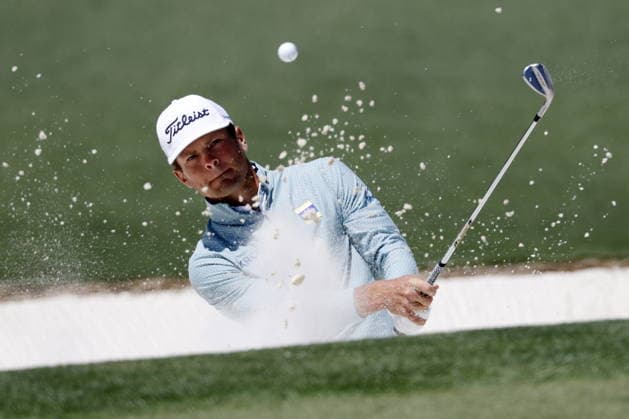 Golf 2026 Masters Tournament - Round 1 Michael Brennan of the US hits from the bunker on hole 2 during Round 1 of the 2026 Masters tournament in August, Georgia, USA, 09 April 2026. Augusta United States  Copyright: xERIKxS.xLESSERx