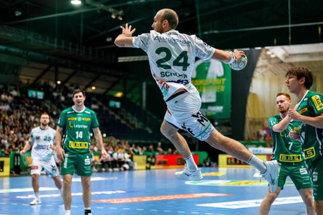 Marcel Schiller FRISCH AUF Goeppingen, 24 throws the ball, in the jump, SC DHfK Leipzig vs FRISCH AUF Goeppingen, Handball, 1 Bundesliga, 28 Matchday, Season 2025 2026, 09 04 2026, SC DHfK Leipzig vs FRISCH AUF Goeppingen, Handball, 1 Bundesliga, 28 Matchday, Season 2025 2026, 09 04 2026 Leipzig Copyright: xEibner-Pressefoto LauraxRoemerx EP_LRR