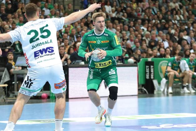 Handball DAIKIN HBL, SC DHfK Leipzig FRISCH AUF Göppingen 09 04 2026 Franz Semper 32, SC DHfK Leipzig Handball, DAIKIN HBL, 1 Bundesliga, Season 2025 2026, 28 Matchday SC DHfK Leipzig vs FRISCH AUF Göppingen on 09 04 2026 at Quarterback Immobilien Arena Leipzig Copyright: xBEAUTIFULxSPORTS JanxKaeferx