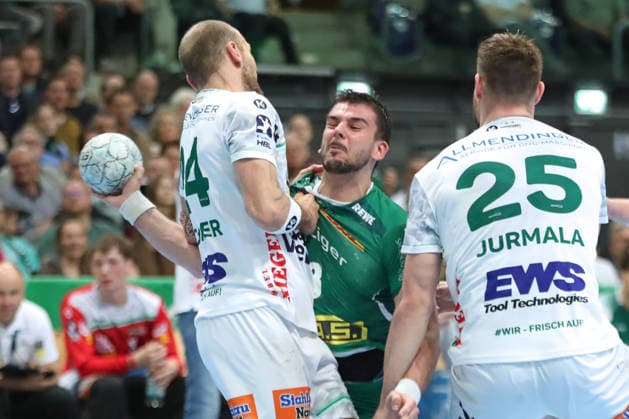 Handball DAIKIN HBL, SC DHfK Leipzig FRISCH AUF Göppingen 09 04 2026 Luka Rogan 33, SC DHfK Leipzig is stopped Handball, DAIKIN HBL, 1 Bundesliga, Season 2025 2026, 28 Matchday SC DHfK Leipzig vs FRISCH AUF Göppingen on 09 04 2026 at Quarterback Immobilien Arena Leipzig Copyright: xBEAUTIFULxSPORTS JanxKaeferx