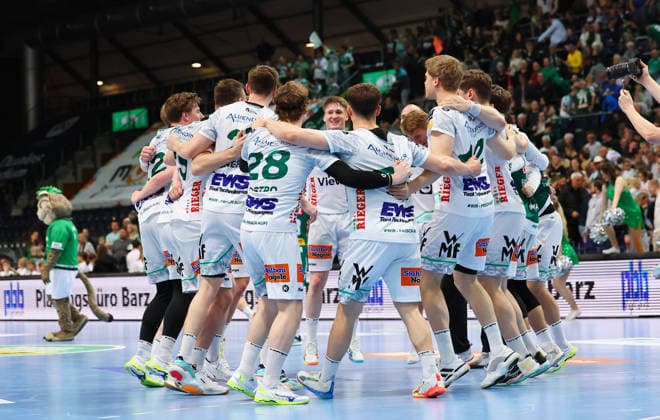 DHfK Leipzig Goeppingen Handball Bundesliga Leipzig, 09 04 2026, QUARTERBACK ARENA, Matchday 28, Handball Bundesliga , SC DHFK Leipzig vs FRISCH AUF Göppingen 29 34 , Im BildSchlussju bel FRISCH AUF Göppingen , Picture Point