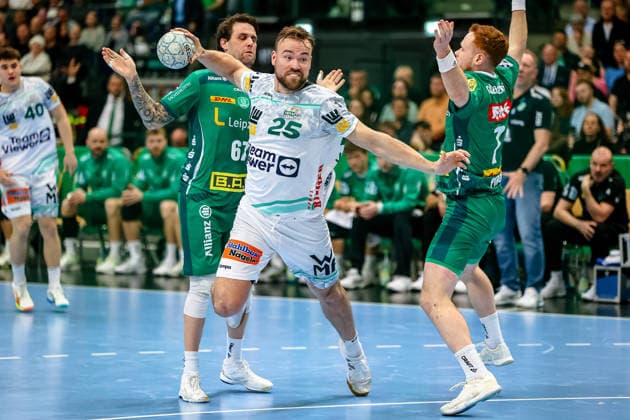 Ludvig Jurmala Astroem FRISCH AUF Goeppingen, 25 throws the ball, SC DHfK Leipzig vs FRISCH AUF Goeppingen, Handball, 1 Bundesliga, Matchday 28, Season 2025 2026, 09 04 2026, SC DHfK Leipzig vs FRISCH AUF Goeppingen, Handball, 1 Bundesliga, Matchday 28, Season 2025 2026, 09 04 2026 Leipzig Copyright: xEibner-Pressefoto LauraxRoemerx EP_LRR