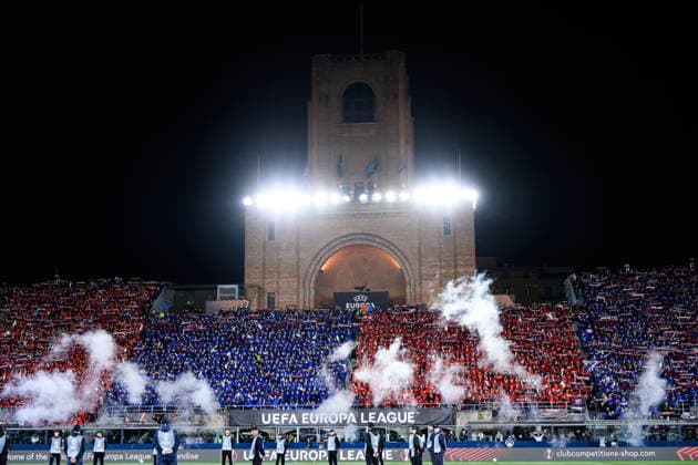 Bologna fans cheer on during the UEFA Europa League 2025 2026 football match between Bologna FC 1909 and Aston Villa FC at Renato Dall Ara Stadium in Bologna (Italy), April 9, 2026. andreaxstaccioli