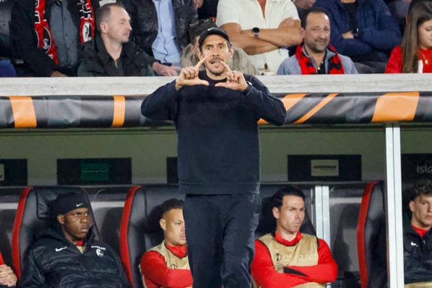Julian Schuster SC Freiburg, coach , facial expression, facial expression, emotion , Germany, football, UEFA Europa League, quarter-final, 2025 2026, SC Freiburg vs Celta Vigo, 09 04 2026, Freiburg im Breisgau Europa Park Stadion Stadion am Deutschland Copyright: xGrantxHubbsx