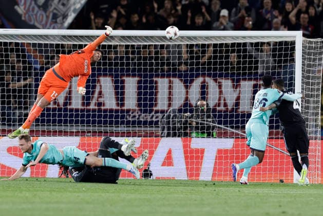 UEFA Europa League quarter-final first leg Bologna vs Aston Villa Football Club Aston Villa s English defender Ezri Konsa scores against Bologna goal of 0-1 during UEFA Europa League quarter-final first leg Bologna vs Aston Villa Football Club at Renato Dall Ara Stadium on April 09, 2026, Bologna. _BPH1711 Copyright: xAntonioxBalascox