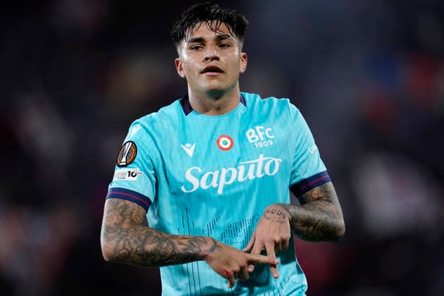Santiago Castro (Bologna FC) celebrates after scoring his team s first goal, UEFA Europa League 2025 26 Quarter-Final First Leg, Bologna FC 1909 v Aston Villa FC, Stadio Renato Dall Ara Stadium, April 9, 2026, Bologna, Italy.