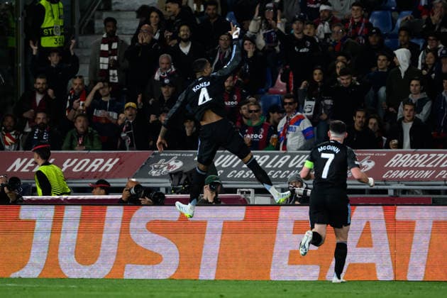 Ezri Konsa of Aston Villa FC (c) celebrates after scoring the goal of 0-1 during the UEFA Europa League 2025 2026 football match between Bologna FC 1909 and Aston Villa FC at Renato Dall Ara Stadium in Bologna (Italy), April 9, 2026. andreaxstaccioli