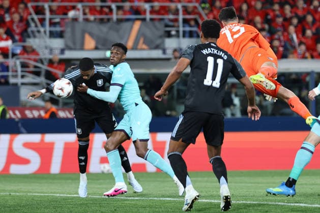Ezri Konsa of Aston Villa FC scores the goal of 1-1 during the UEFA Europa League 2025 2026 football match between Bologna FC and Aston Villa FC at Renato dall Ara stadium in Bologna (Italy), April 09th, 2026. cesarexpurini