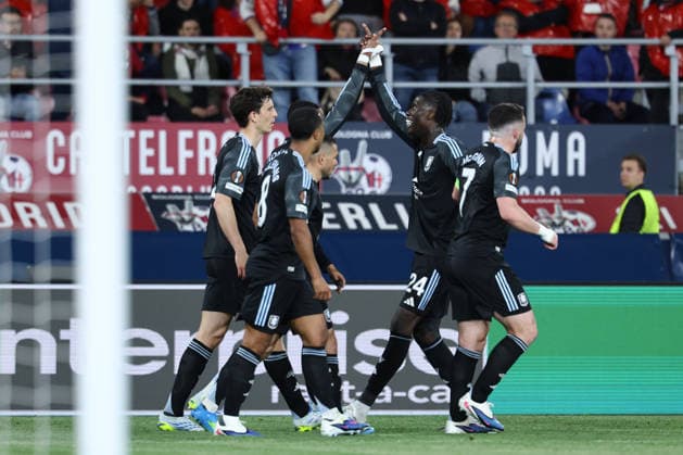 Ezri Konsa of Aston Villa FC celebrates with team mate after scoring the goal of 1-1 during the UEFA Europa League 2025 2026 football match between Bologna FC and Aston Villa FC at Renato dall Ara stadium in Bologna (Italy), April 09th, 2026. cesarexpurini