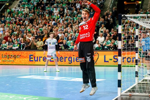 Kristian Saeveras FRISCH AUF Goeppingen, 12 gestures, screams, SC DHfK Leipzig vs FRISCH AUF Goeppingen, Handball, 1 Bundesliga, 28 Matchday, Season 2025 2026, 09 04 2026, SC DHfK Leipzig vs FRISCH AUF Goeppingen, Handball, 1 Bundesliga, 28 Matchday, Season 2025 2026, 09 04 2026 Leipzig Copyright: xEibner-Pressefoto LauraxRoemerx EP_LRR