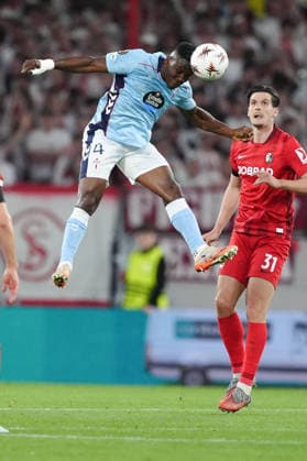 Germany UEFA Europa League quarter-final first leg 2025 26, SC Freiburg vs Celta Vigo Europa Park Stadion, Freiburg im Breisgau Joseph Aidoo 4 Celta with a header Copyright: xKjetilxWaberx